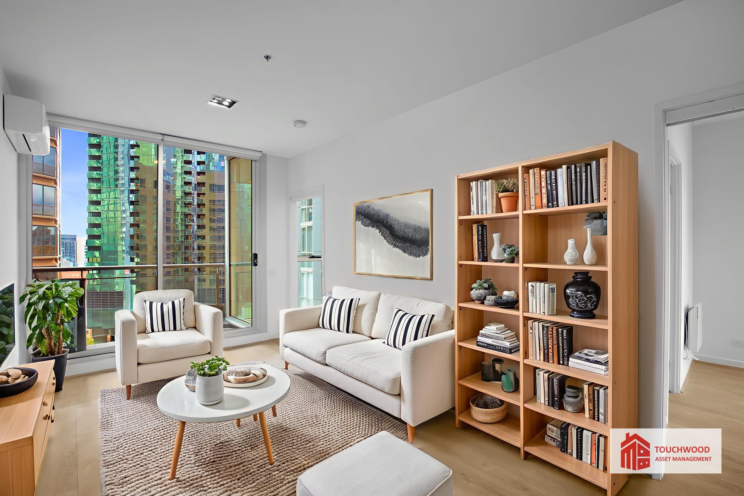 Modern living room with city views